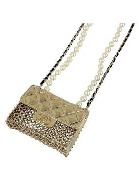Chanel Quilted Bag Motif Necklace CC Logo Long 2 Row Leather Faux Pearl Gold